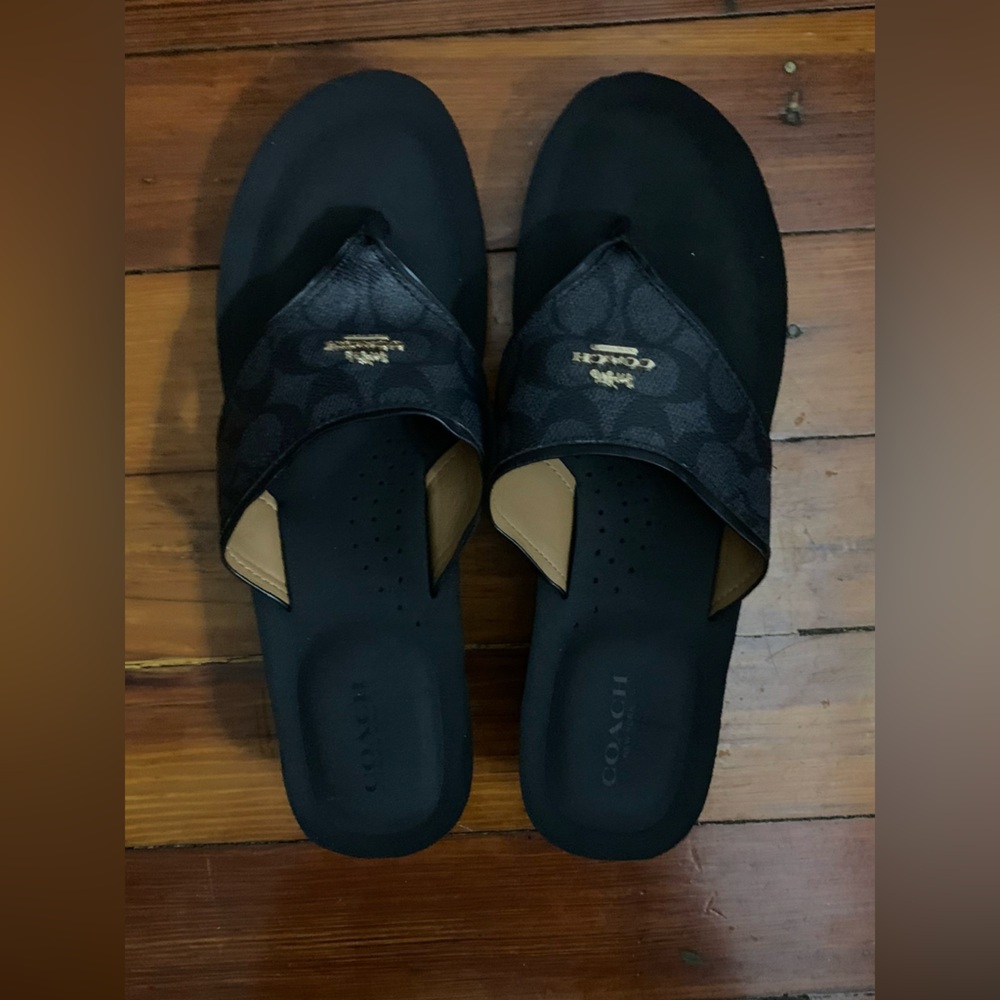 Coach Black and Gold Slide Sandals